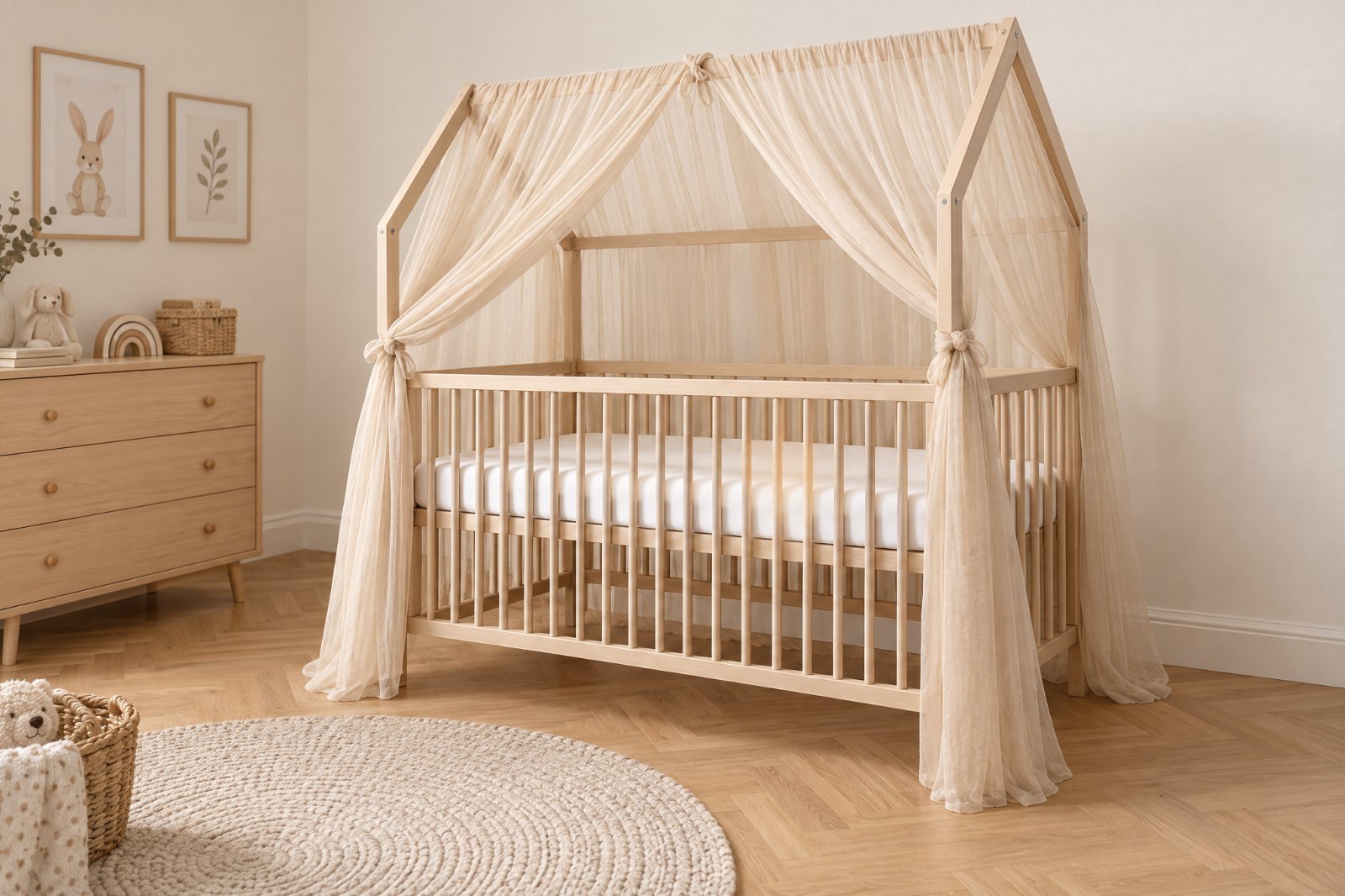 Lit cabane bébé à barreaux habillé d'une toile en tulle beige nouée sur la structure