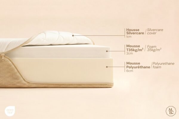 Composition du matelas Léto Prémium 60x120 : housse et deux mousses Composition du matelas Léto Prémium 60x120 : housse et deux mousses