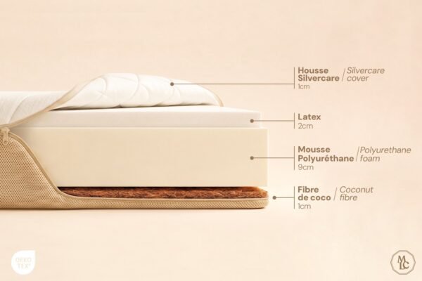 Composition du matelas Perséphone Premium : housse, latex, mousse et fibre de coco Composition du matelas Perséphone Premium : housse, latex, mousse et fibre de coco