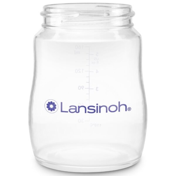 Pot de conservation Lansinoh ouvert Pot de conservation du lait maternel Lansinoh ouvert, vu de face, avec son col large