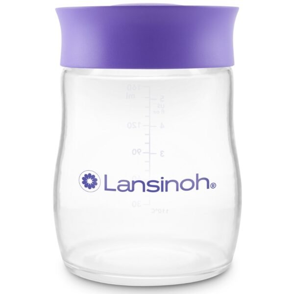 Pot de conservation Lansinoh fermé Pot de conservation du lait maternel Lansinoh fermé par son couvercle violet, gradué jusqu'à 160 ml