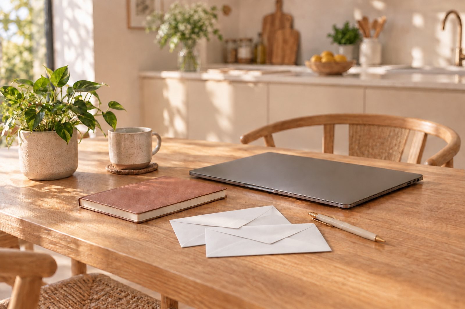 Démarches de prime de naissance : ordinateur portable fermé, carnet et enveloppes sur une table de cuisine en bois