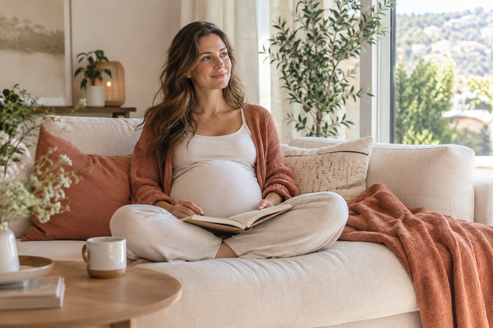 Future maman enceinte assise en tailleur sur un canapé crème, un livre ouvert sur les genoux