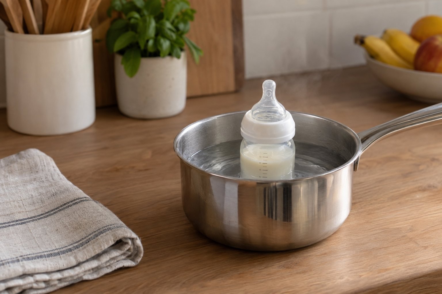 Biberon de lait maternel posé dans une casserole d'eau chaude, sur un plan de travail en bois
