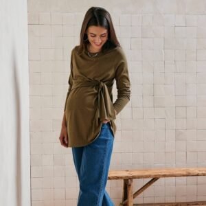 teeshirt-noeud-olive-vertbaudet Tee-shirt long à noeud grossesse et allaitement Vertbaudet, olive