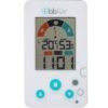 Thermomètre hygromètre BBLUV vu de face Thermomètre hygromètre BBLUV vu de face : écran affichant la température, le taux d'humidité et l'heure, avec trois boutons turquoise