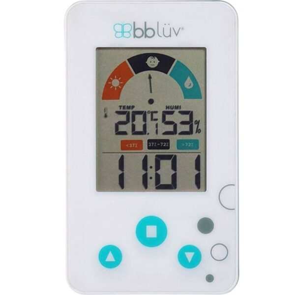 Thermomètre hygromètre BBLUV vu de face Thermomètre hygromètre BBLUV vu de face : écran affichant la température, le taux d'humidité et l'heure, avec trois boutons turquoise