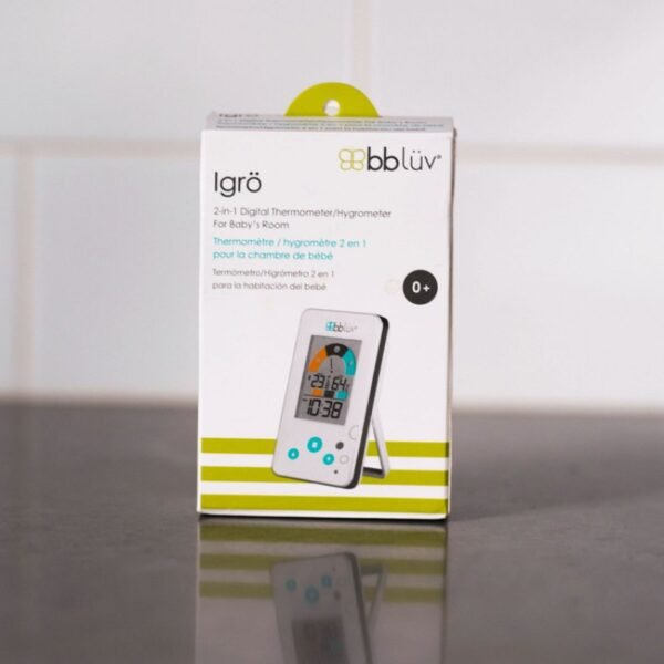 Thermomètre hygromètre BBLUV Igrö dans son emballage Boîte du thermomètre hygromètre BBLUV Igrö, 2 en 1 pour la chambre de bébé, dès la naissance