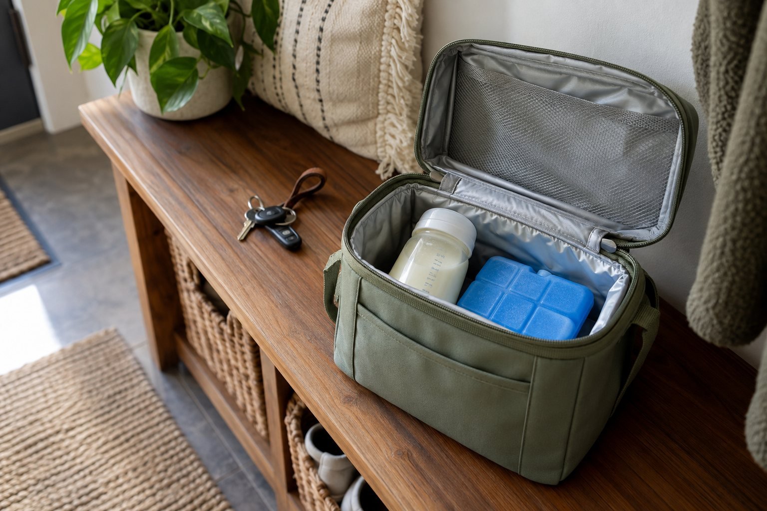 Sac isotherme vert ouvert sur un banc, avec un biberon de lait maternel et un pack de réfrigération bleu
