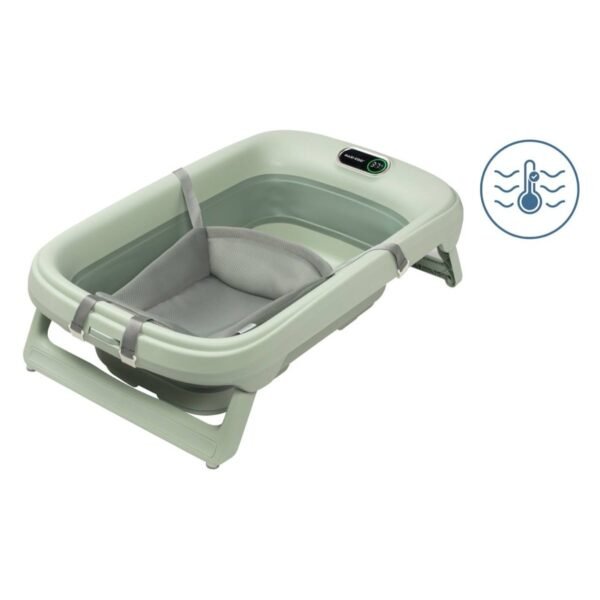 Baignoire de bébé vert sauge avec transat intégré, pieds pliants et thermomètre numérique
