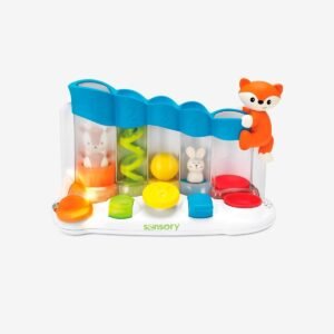 Jouet d'éveil à balles colorées avec tubes transparents, figurines de renard et de lapin, sur socle blanc